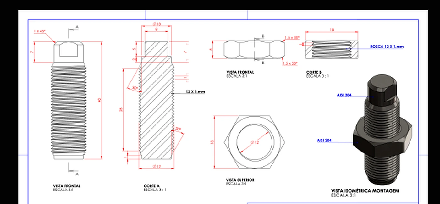 Desenho técnico de parafuso especial em AISI 304